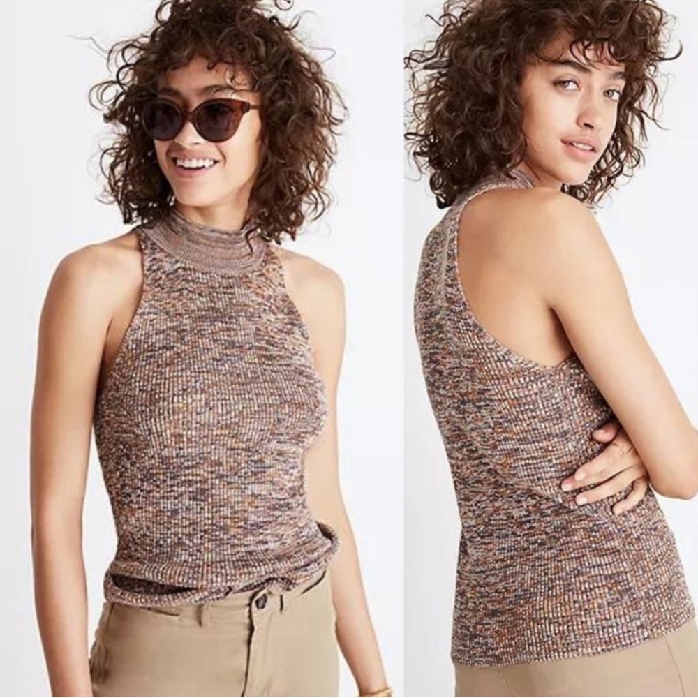 NWOT Madewell Sleeveless Mock Neck Knit Brown Marled Sweater Tank Top Sz S
